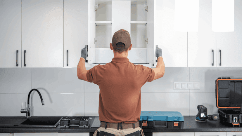 Worker upgrading kitchen during home renovation