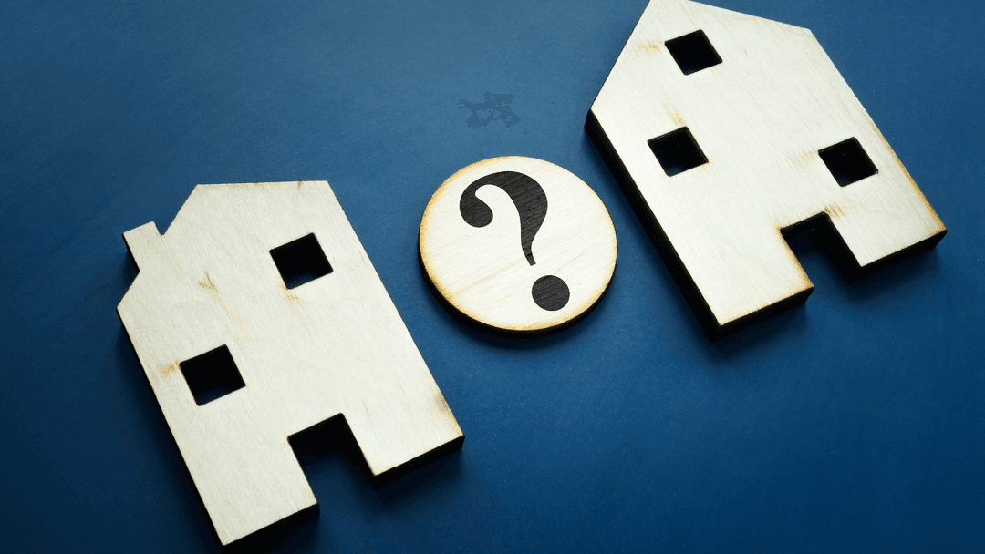 Wooden house cutouts beside a question mark comparing two property tax protest options